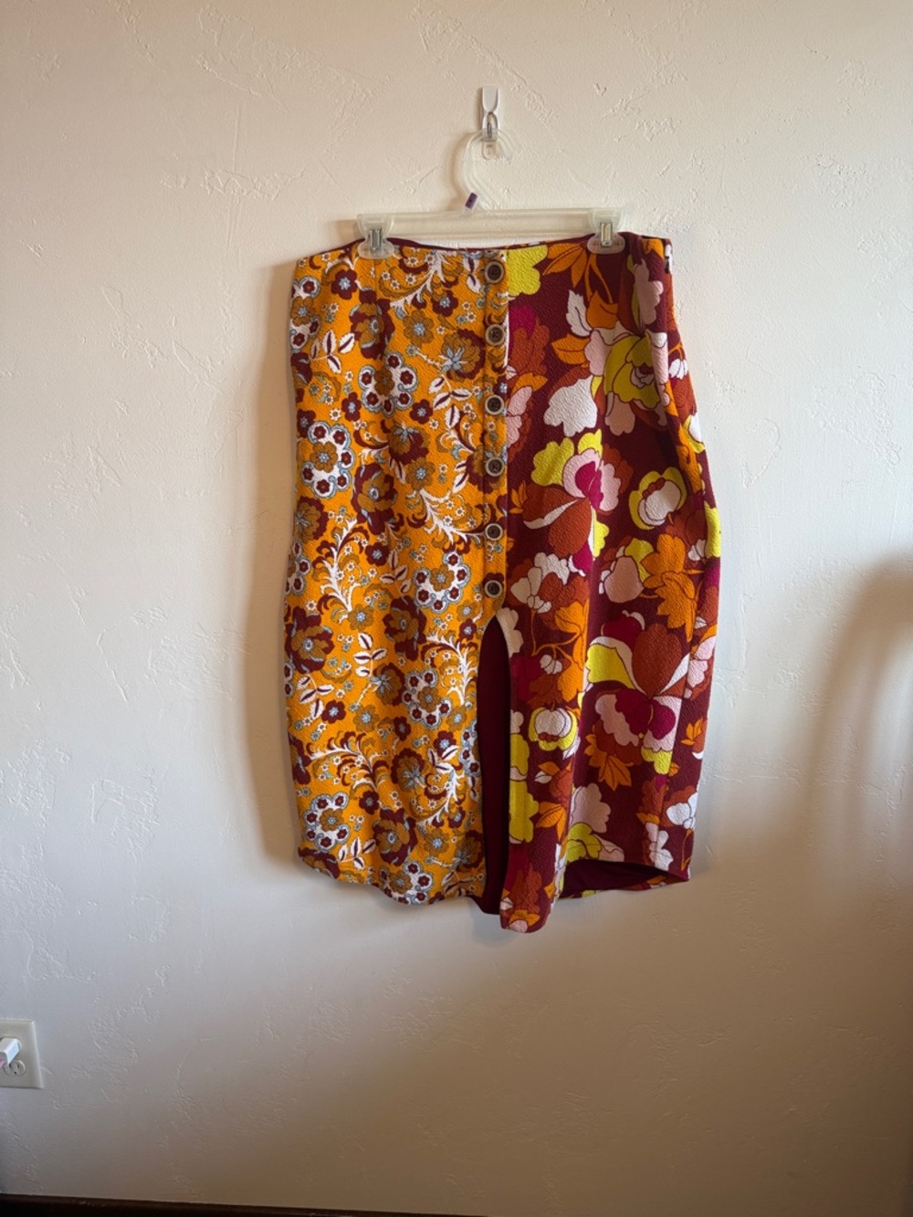 Maeve Two-Tone Floral Button-Front Midi Skirt in Mustard & Wine